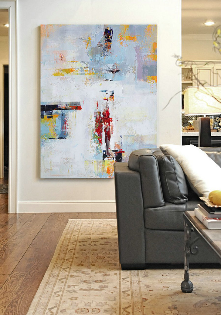 Vertical Palette Knife Contemporary Art,Acrylic Painting On Canvas,White,Grey,Red,Yellow